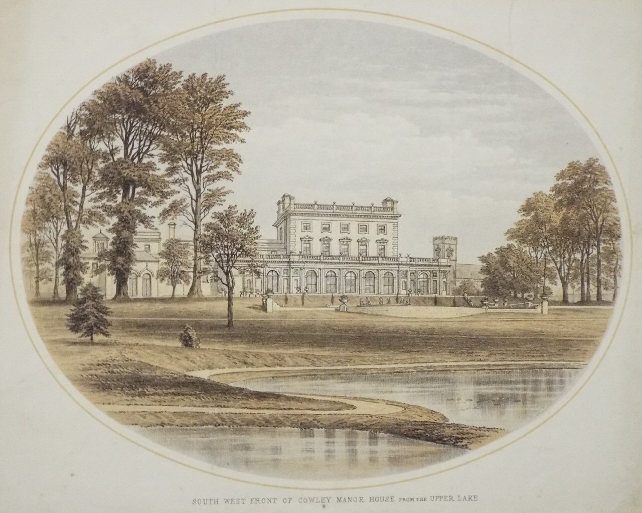 Lithograph - South West Front of Cowley Manor House from the Upper Lake